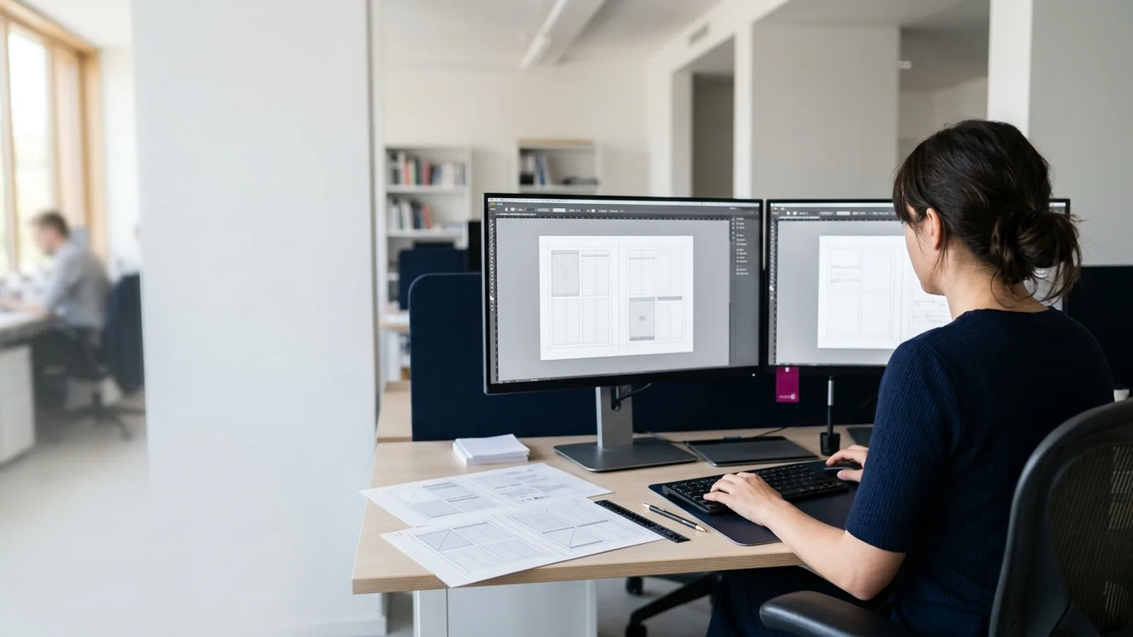 Páginas diagramadas em dois idiomas na tela do designer