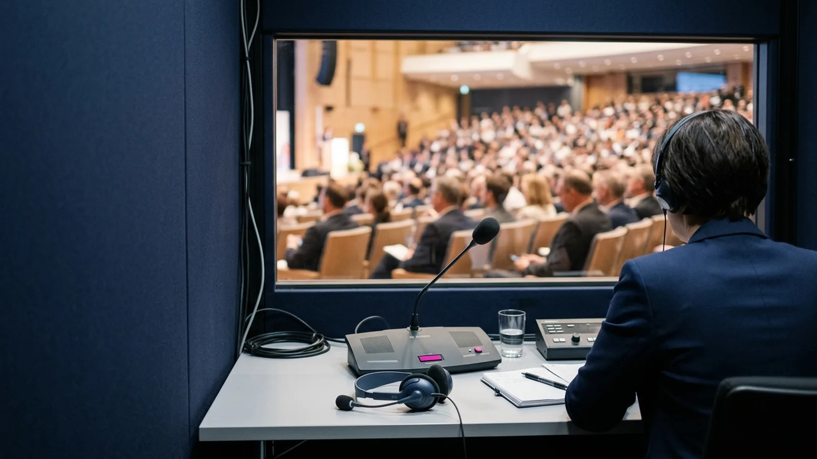 Cabine de interpretação simultânea em um auditório