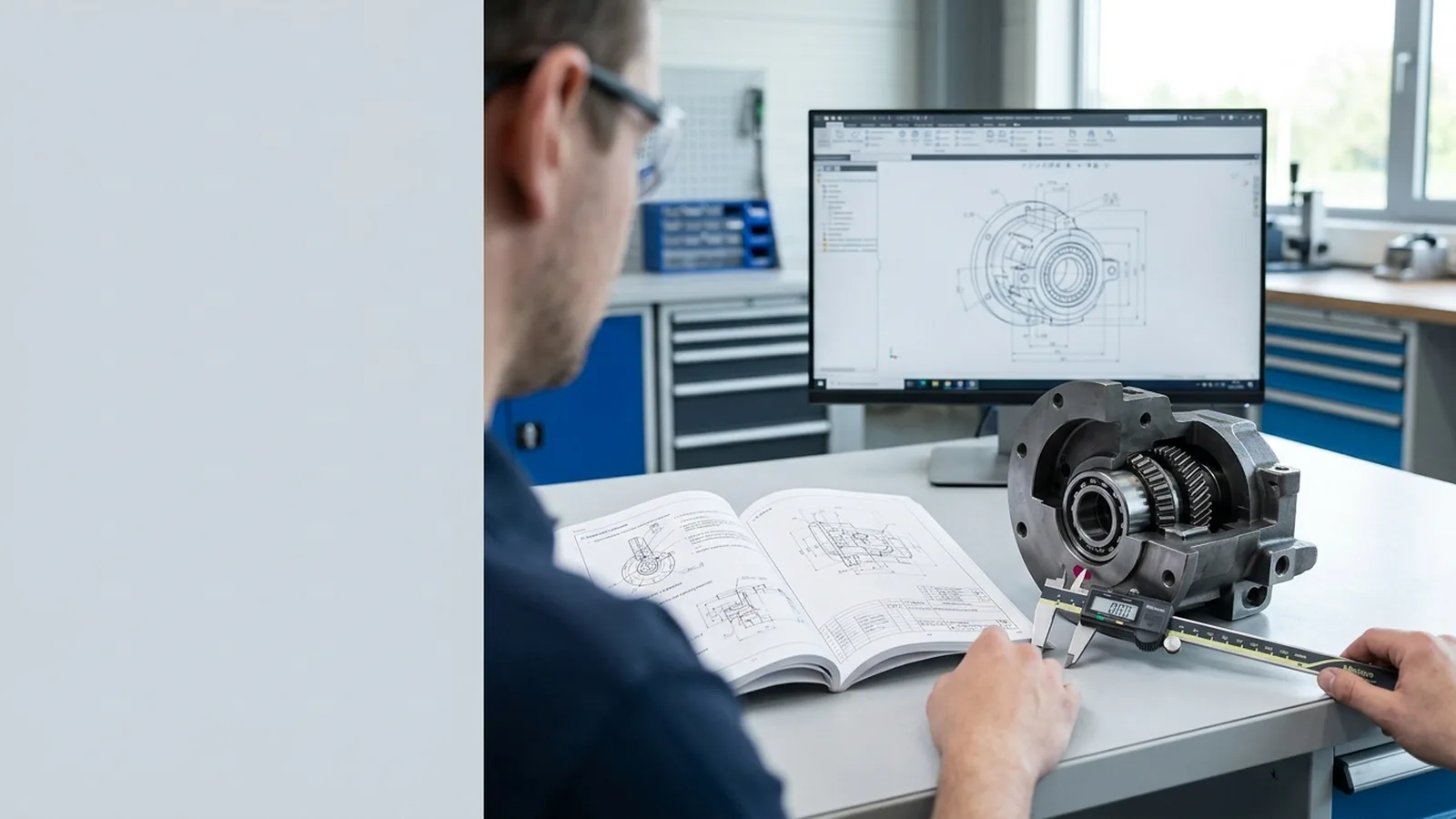 Manual técnico e desenho de engenharia sobre a bancada