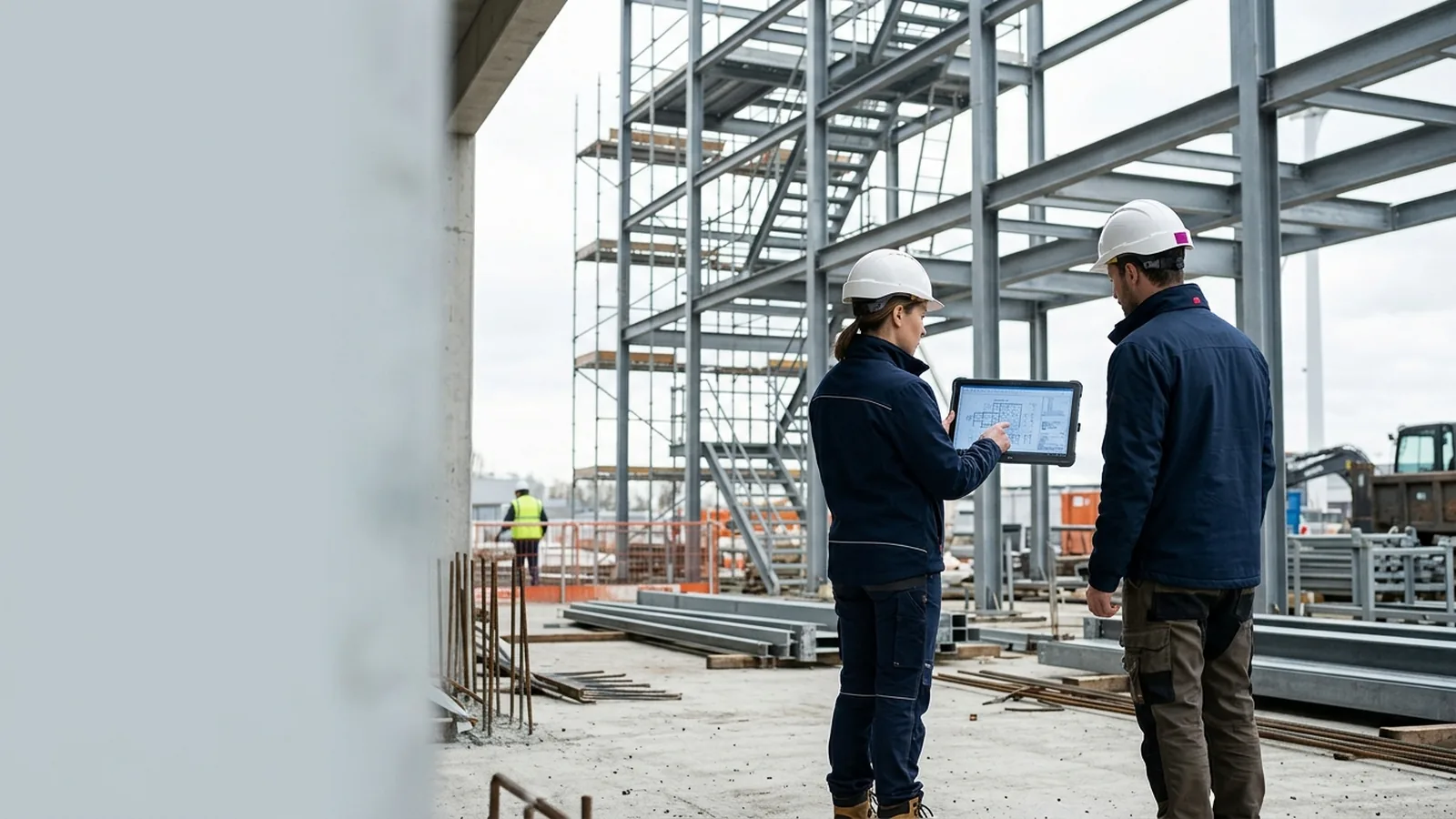Engenheiros analisando projeto em obra