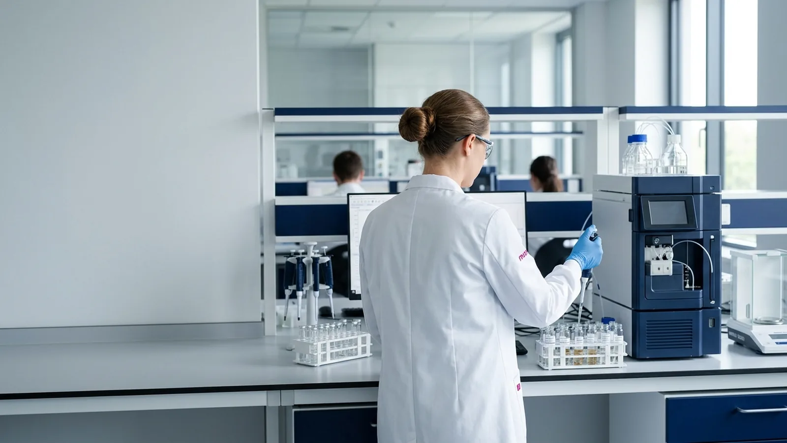 Laboratório farmacêutico com equipamentos de análise