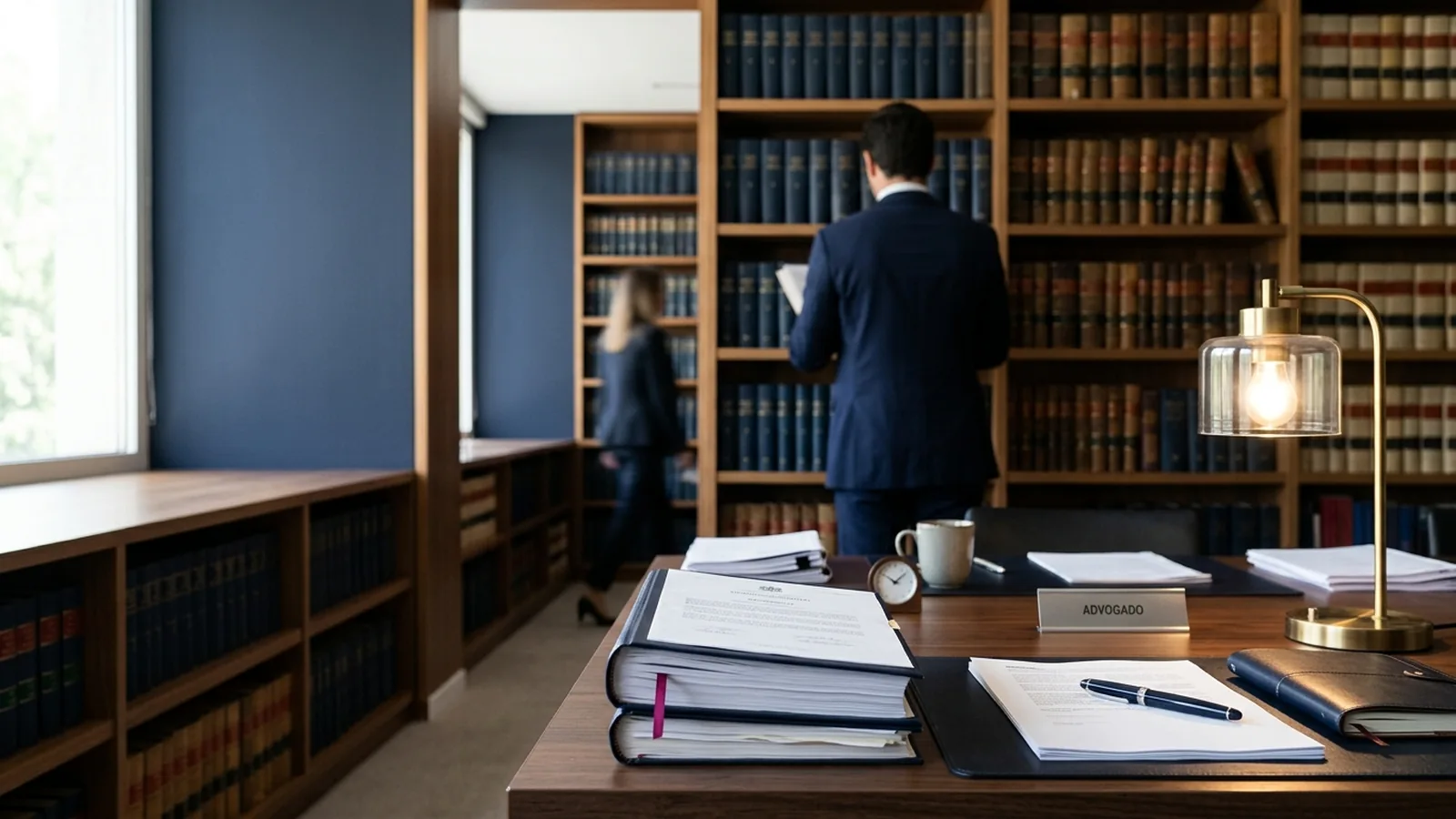 Contratos e livros jurídicos sobre a mesa