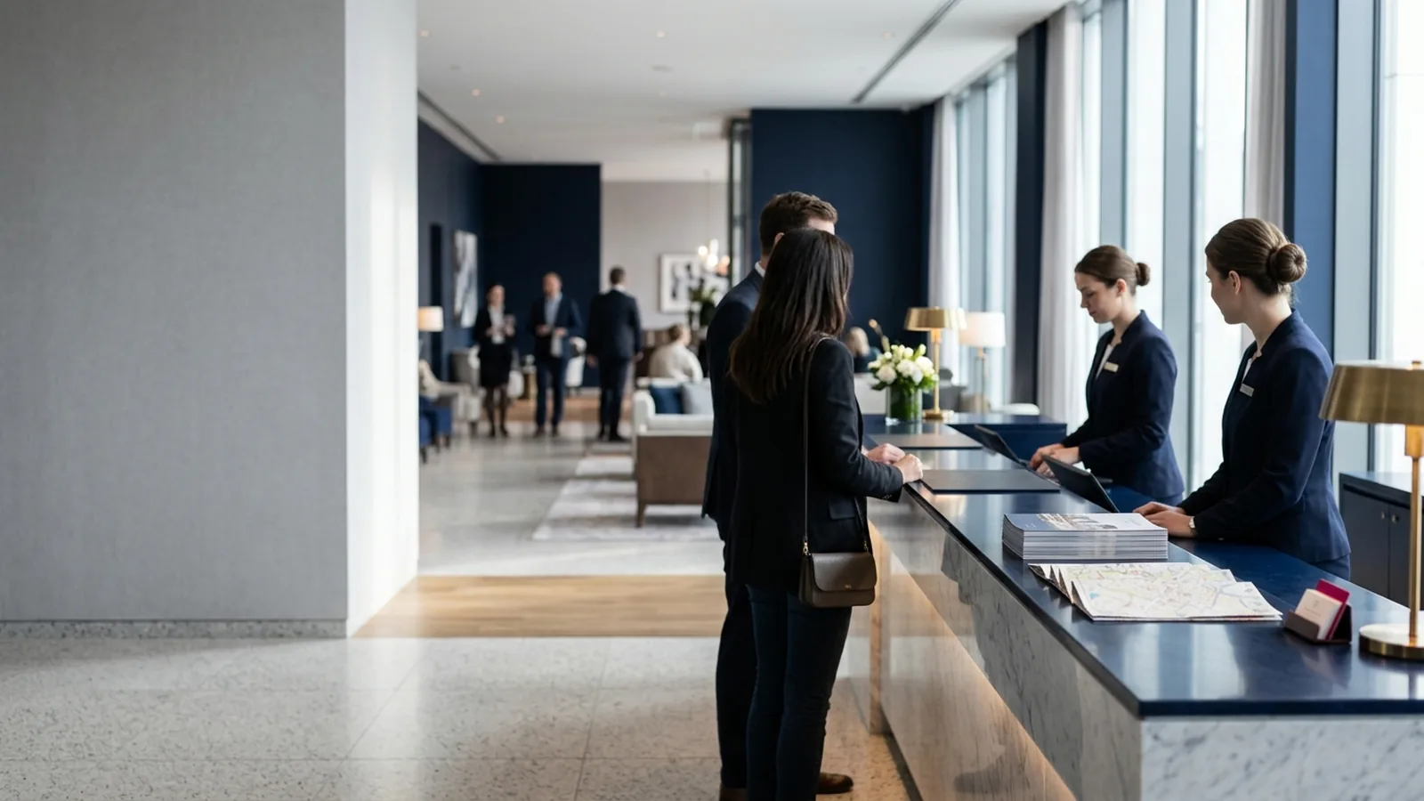 Recepção de hotel com materiais de turismo